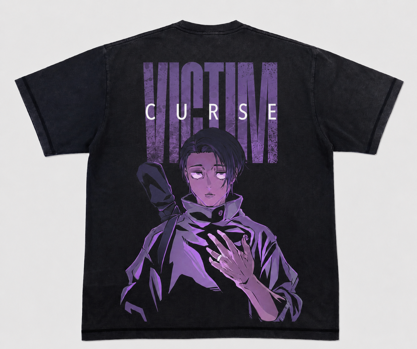 Black t-shirt with purple graphic and text 'Victim Curse' on a white background