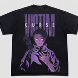 Black t-shirt with purple graphic and text 'Victim Curse' on a white background
